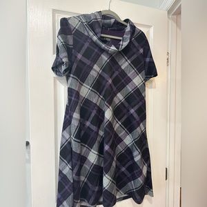 Black, purple and gray plaid cowl neck dress, size L